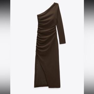 Zara Olive Draped Asymmetric Dress One Shoulder